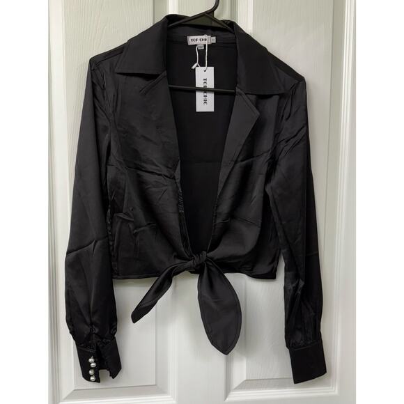 Top Chic Tops - Top Chic black tie waist satin look pearl buttons long sleeve NWT small $68